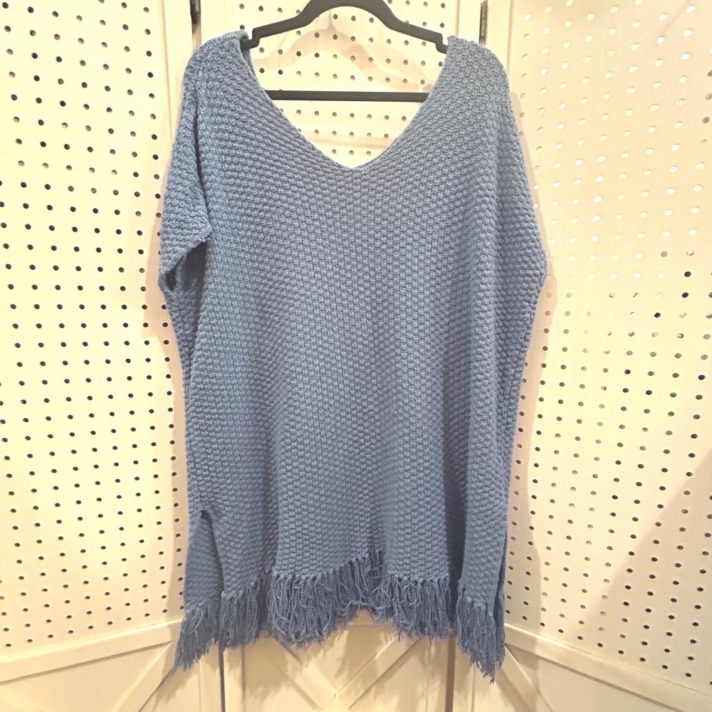 Blue Knit V Neck Poncho Tunic Sweater Fringe Hem